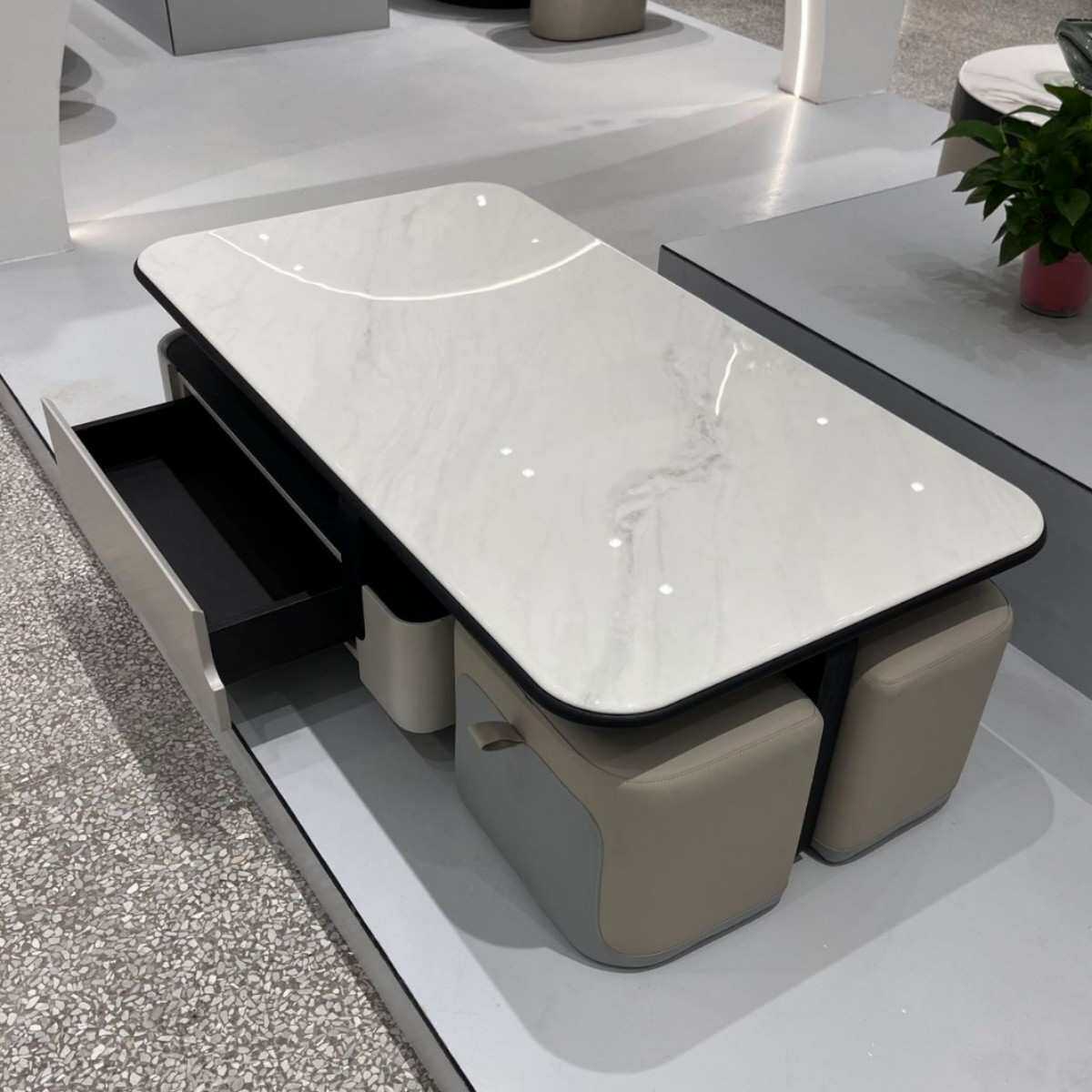 佛山家具茶几中古风极简微晶石方形茶几家用小户型伸缩带凳子创意