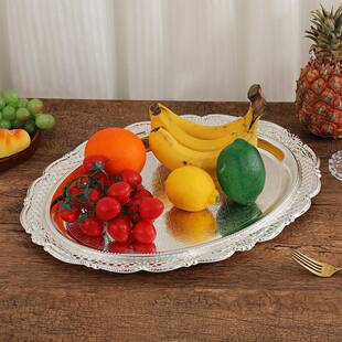 铁艺复古雕银色托盘圆咖啡茶杯垫椭银色盘子碟无品牌/子摆花件品