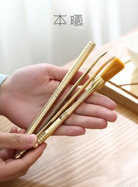 黄铜道六君普洱茶刀茶筒茶茶51229夹茶勺茶子配针黑檀养壶笔茶具