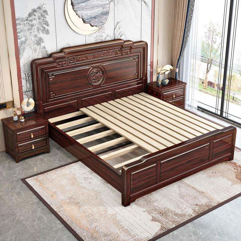 新中式酸抽实枝木全木床现代雕花高档红木双人床主卧带红屉实木床