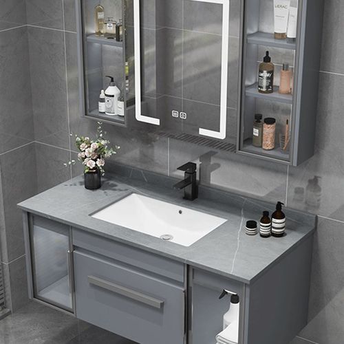轻奢岩板智能浴室柜组合洗手洗脸陶瓷一体台盆镜卫生间实木洗漱台