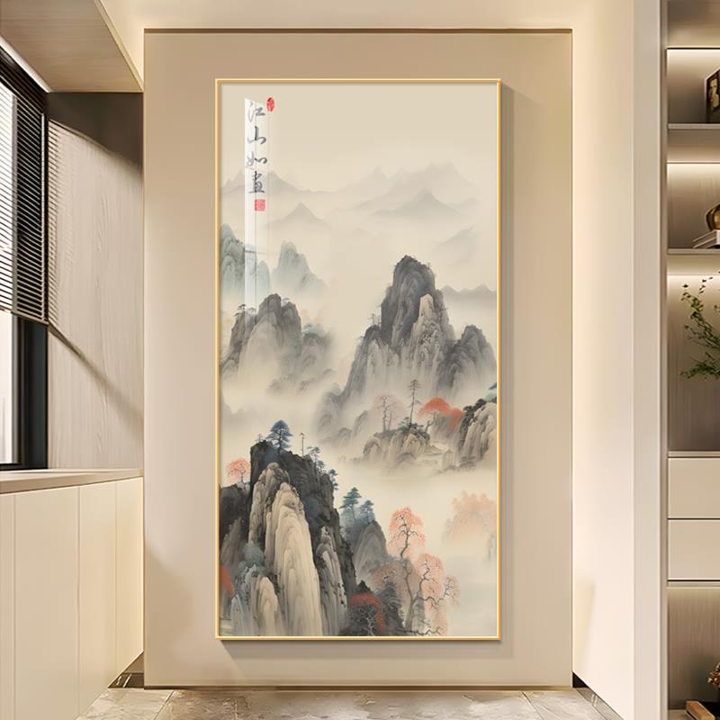 背有靠山入户玄关装饰画新中式水墨画玄关过道挂画竖版有山无水画