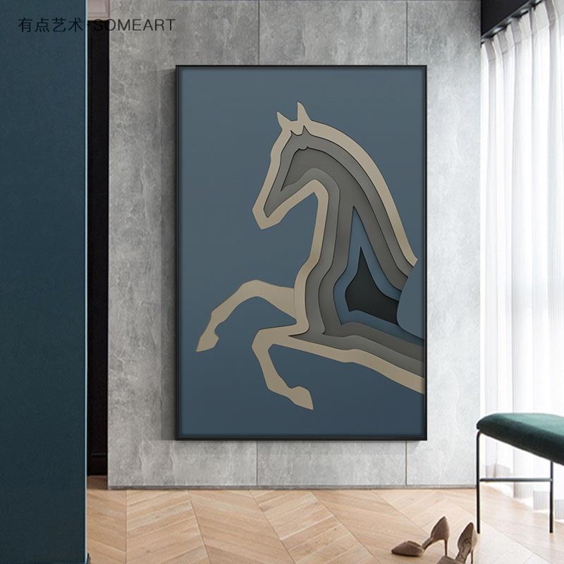 简约现代骏马到成功玄关装饰画蓝色抽象客厅大幅壁画走廊过道挂画