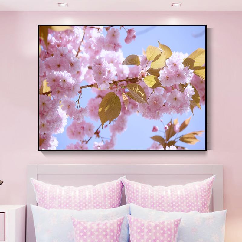 日式风格樱花花卉装饰画卧室床头背景墙壁画书房茶室横版挂画温馨