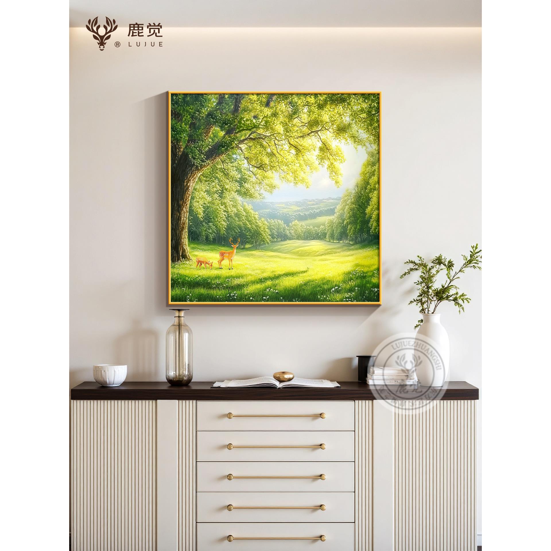 发财树方形斗柜装饰画轻奢高级感客厅玄关挂画福禄聚财卧室床头画