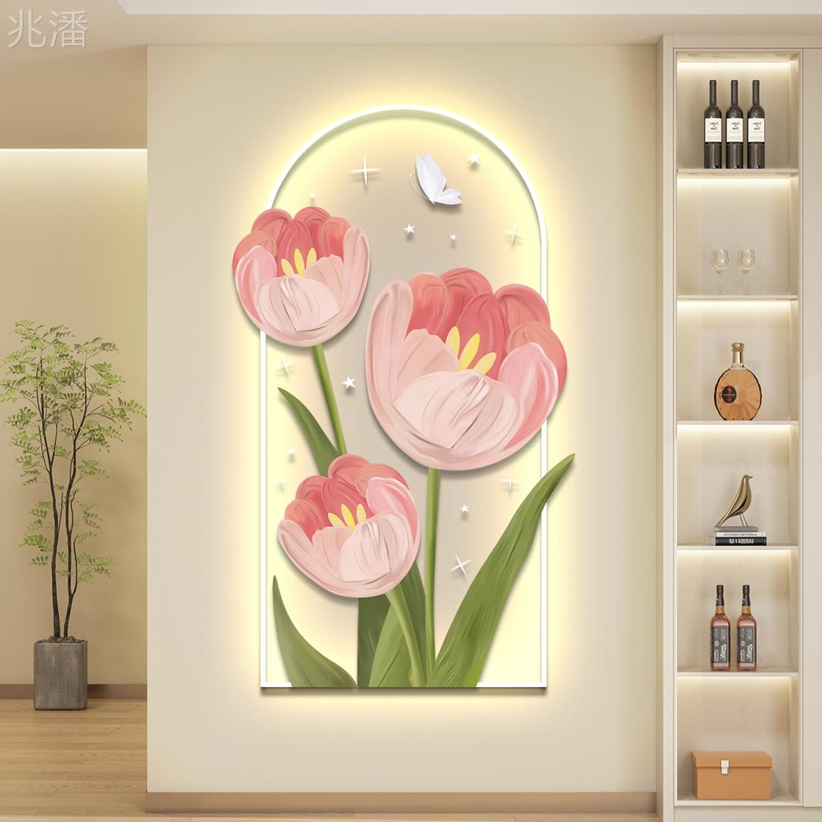 轻奢led带灯入户玄关装饰画走廊过道挂画壁画简约现代花卉奶油风