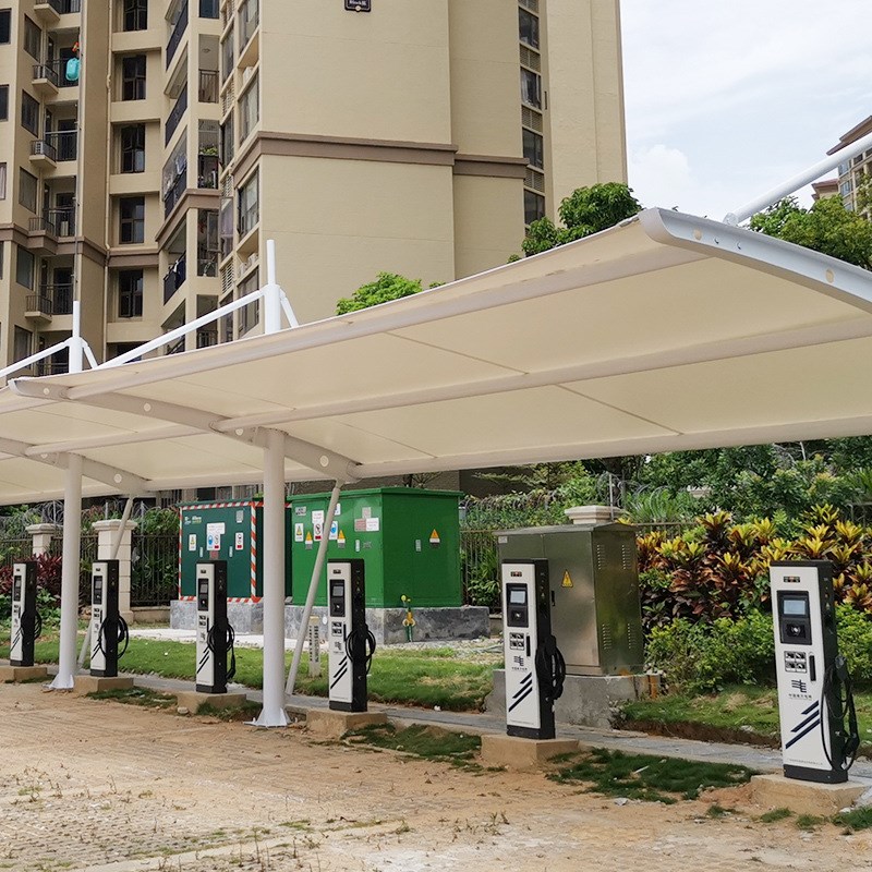 惠阳电动汽车充电站车棚小区公园遮阳景观棚拉杆式钢膜结构安装
