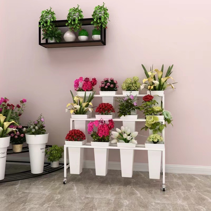 花店鲜花展示架多层阶梯花架可移动铁艺花架带轮多功能花桶方形桶