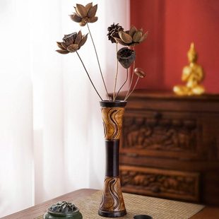 东南亚风实木雕刻细高花瓶摆件客厅插花桌面复古漏斗状装饰品简约