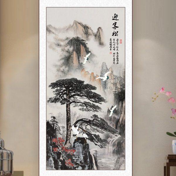 迎客松新中式山水画国画装饰画挂画玄关竖版中式禅意水墨卷轴壁画