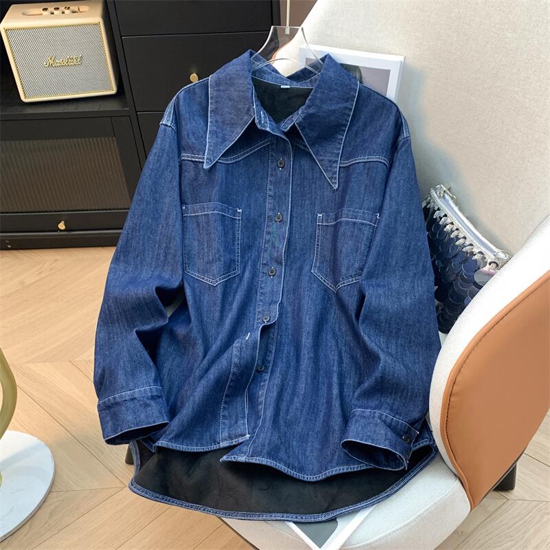秋冬季时尚加绒加厚牛仔衬衫女