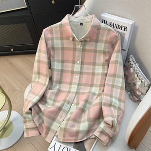 秋冬新款磨毛加绒纯棉格子衬衣女时尚宽松休闲加厚保暖衬衫上衣潮