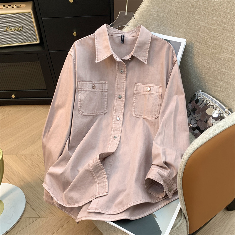 2024春秋高端纯棉粉色牛仔衬衣女英伦工装口袋宽松衬衫上衣外套潮,女装/女士精品,衬衫,淘宝优惠券,粉丝福利购,淘宝优惠卷