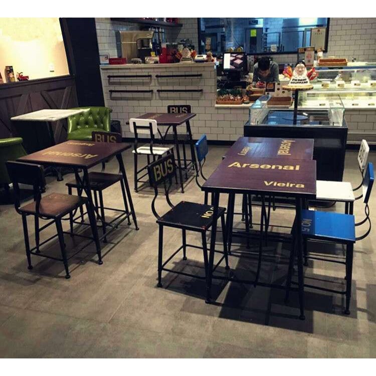 实木铁艺餐桌椅套装餐厅复古做旧桌椅咖啡厅奶茶店酒吧桌椅靠背椅