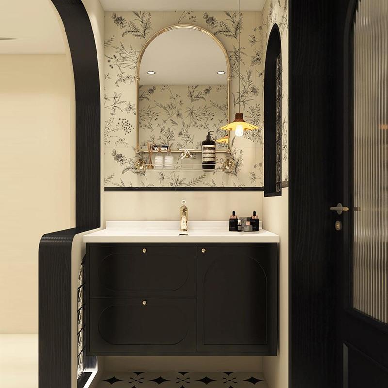 黑色法式复古浴室柜组合橡木烤漆岩板无缝卫生间洗漱台陶瓷一体盆