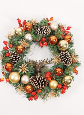 新款圣诞花环电镀球仿真绿色PVC圈松果鹿头门挂装饰圣诞花环挂饰