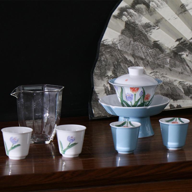 陶瓷三才盖碗茶具套装白瓷手绘甜白釉国风茶碗高脚壶层茶用具