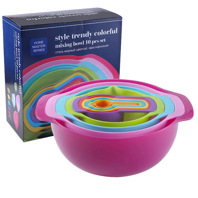 烘焙工具组合套装 创意彩虹量勺塑料量杯10件套 多功能洗菜篮粉筛