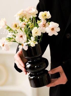 次日达轻奢中古玻璃花摆瓶isn高颜值水鲜花富贵竹花瓶养黑色客厅