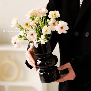 次日达轻奢中古玻璃花摆瓶isn高颜值水鲜花富贵竹花瓶养黑色客厅