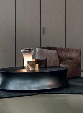 JS轻奢现代圆形茶几高级感太阳拉花木饰面网红茶几桌子客厅家用