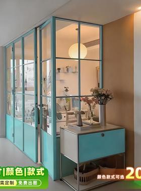 蓝色折叠门阳台厨房玻璃门铝合金极窄折叠推拉门隔断门复古小蓝门