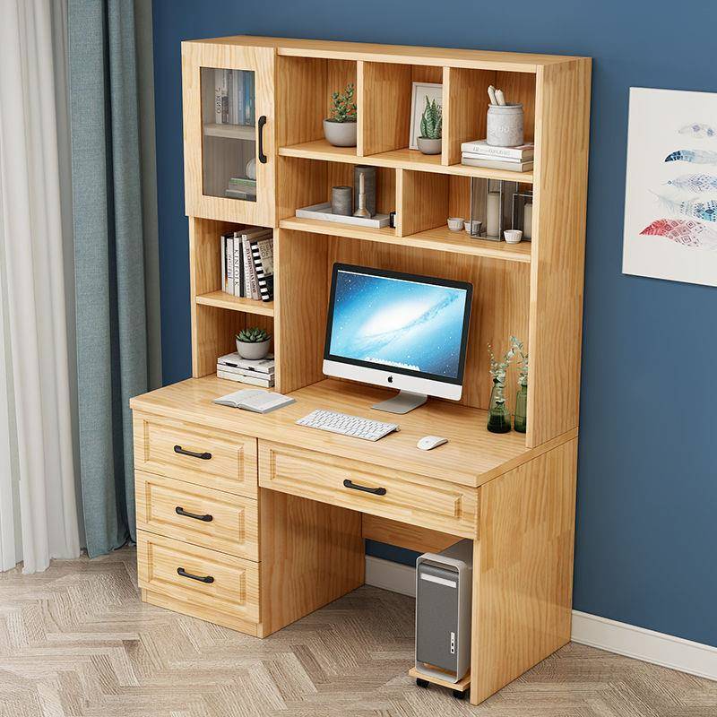 实木书桌书架组合一体式电脑桌台式家用卧室儿童书柜学生写字桌子