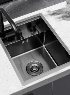 厨房吧台隐藏式水槽纳米黑色不锈钢水槽单槽迷你带盖板中岛茶水间