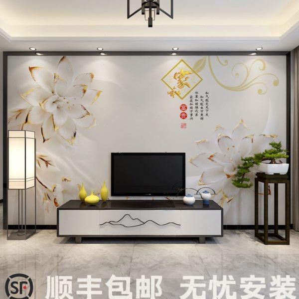 5D新中式客厅沙发定制电视背景墙墙纸家和富贵工艺影视墙壁纸壁画,家装主材,无纺布墙纸,淘宝优惠券,粉丝福利购,淘宝优惠卷