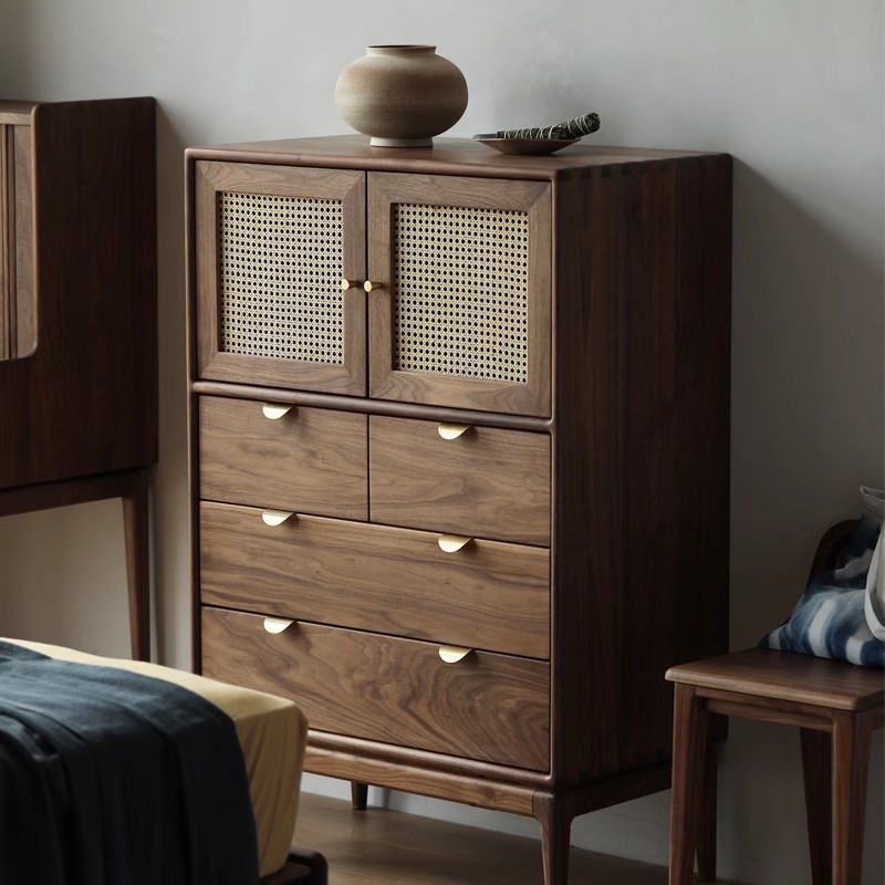 北美黑胡桃木卧室斗柜实木藤编开门储物柜北欧复古收纳柜客厅边柜