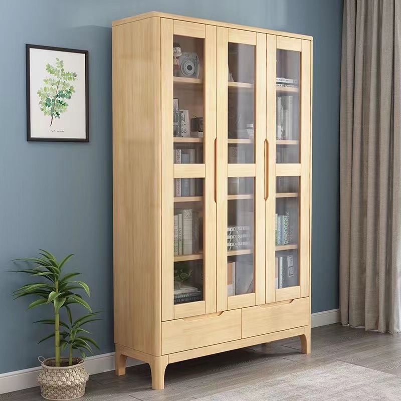 北欧实木书柜两门三门组合防尘玻璃门展示柜书房带抽屉书橱置物柜