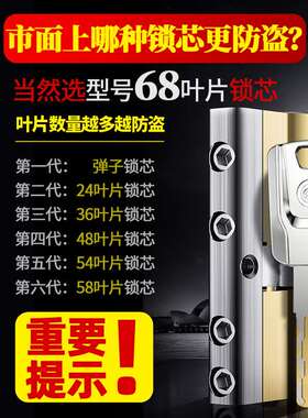 家用防盗门锁芯超C级通用型进户铁门入户大门换锁心叶片abde