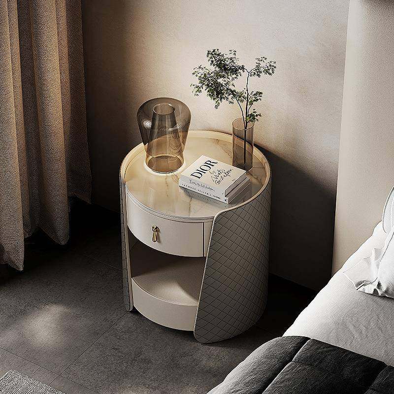 TS021#现代简约玻璃床头柜圆形设计感高端床头储物柜卧室轻奢边几