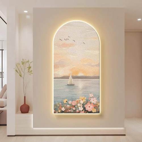 北欧玄关装饰画一帆风顺过道走廊灯画日出风景挂画高级感砂岩壁画