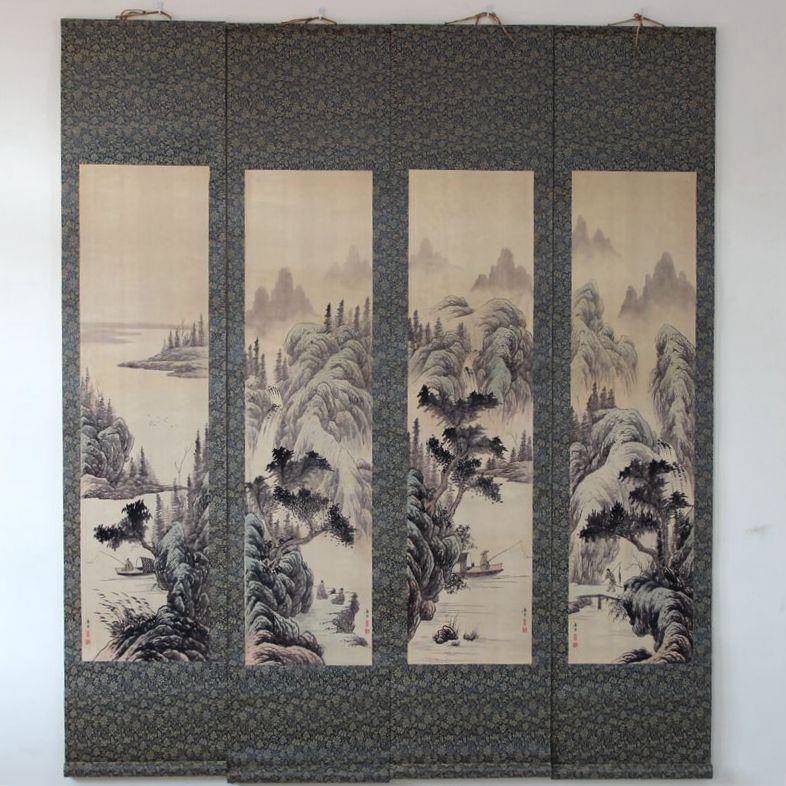 杂件中堂画四条屏字画国画山水画唐寅唐伯虎樵人晚归挂画已装裱