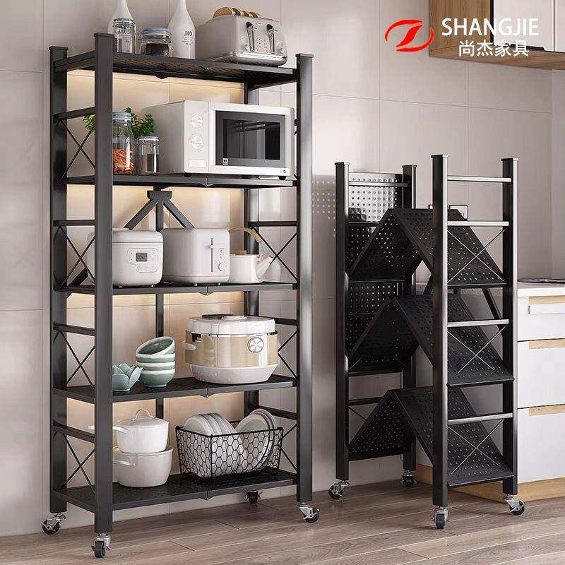 免安装折叠厨房置物架落地多层多功能货架可移动微波炉锅具收纳架