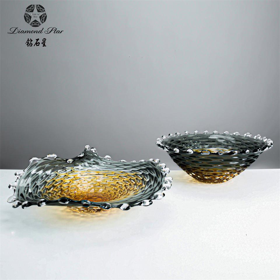 钻石星彩色手工玻璃果盘现代轻奢家居设计装饰盘现货