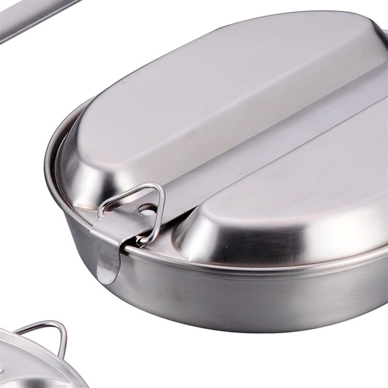 户外便携式餐盒美式加厚蛋形饭盒长手柄椭圆形不锈钢野营烧烤炊具