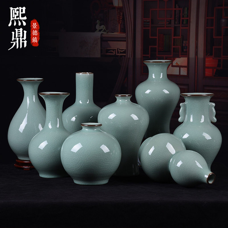 仿古陶瓷花瓶官窑开片裂纹绿色古典简约插画花瓶家居装饰摆件批发