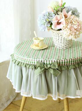 UG73水洗棉蓝色格子小圆桌布圆形家用圆桌布茶几纯棉蕾丝圆床头柜