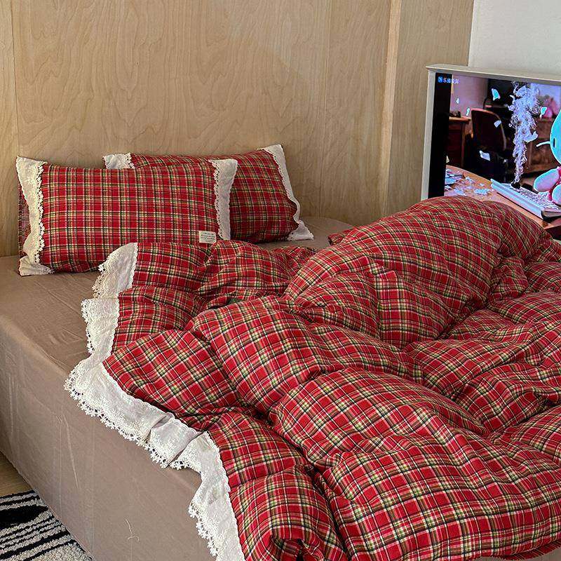 法式复古风床上四件套纯棉双层纱格子被套床单公主风全棉床品双人