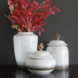 新中式陶瓷罐摆件现代圆形花器样板房客厅电视柜售楼部大肚花瓶罐