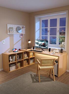 2024新款实木学习电脑桌卧室家用黑色转角桌子l型书桌书柜电竞桌