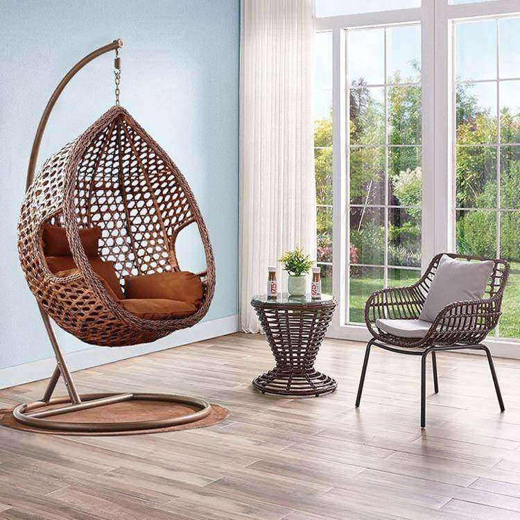 户外藤编秋千三件套组合花园庭院吊篮组合藤编桌椅鸟巢吊椅家具