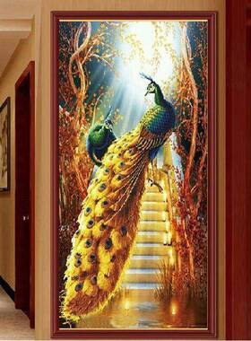 梦幻孔雀富贵贴砖画点钻5d十字绣客厅玄关钻石画满钻新款圆钻竖版