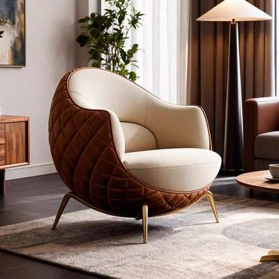 复古法式单人沙发椅菱形格子纹路皮质圆弧靠背实木腿休闲沙发椅椅