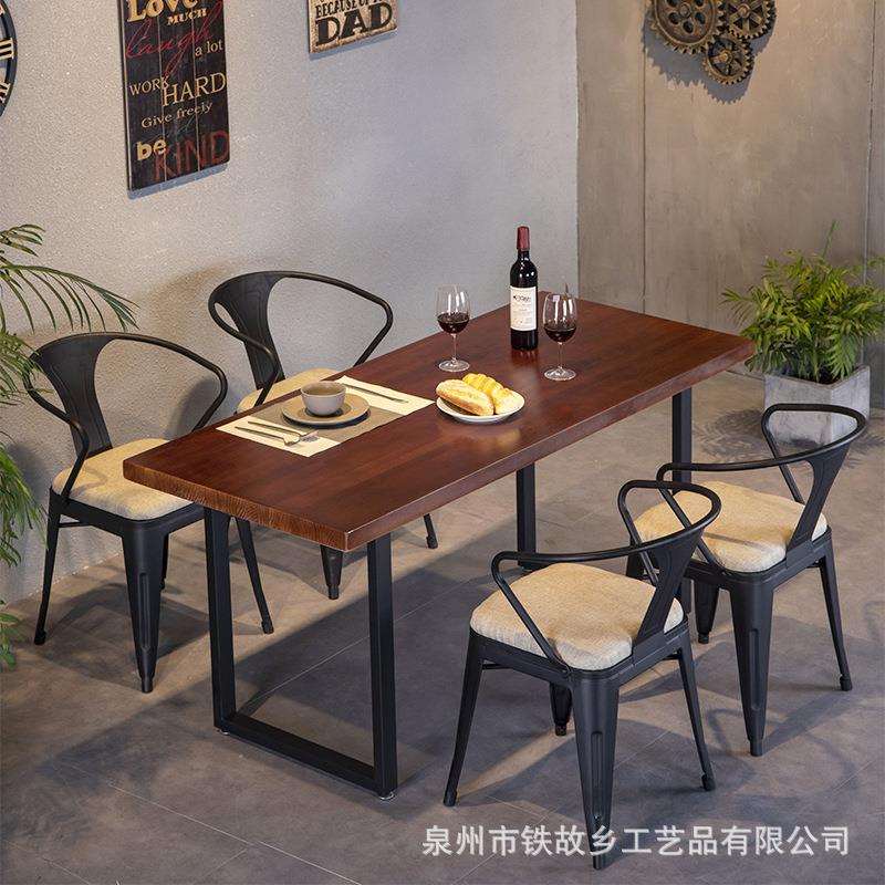 美式loft实木餐桌复古火锅烧烤店成套餐桌椅小户型长方形桌子