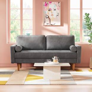 2座纽扣软垫客厅现代沙发,带扶手和抱枕天鹅绒沙发卧室公寓绿色