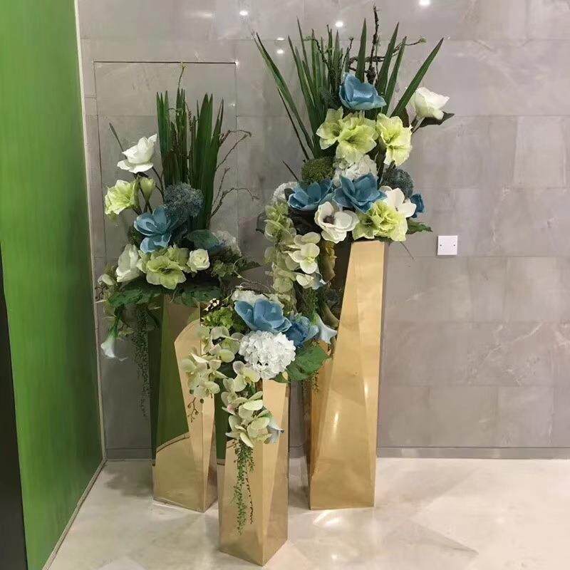 电镀金色多边形不锈钢花盆菱形花钵花器轻奢玫瑰金花盆制作