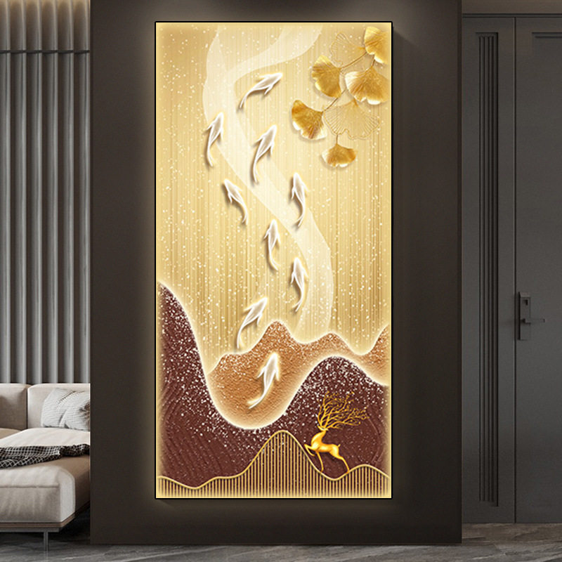 入户玄关装饰画批发九鱼图过道led带灯画现代轻奢挂画大气墙壁画